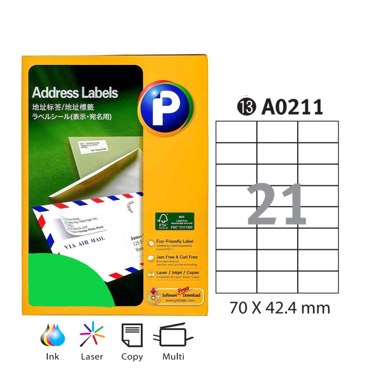 Printec A0211 A4 White Address Label 70X42.4MM | Pacific eShop